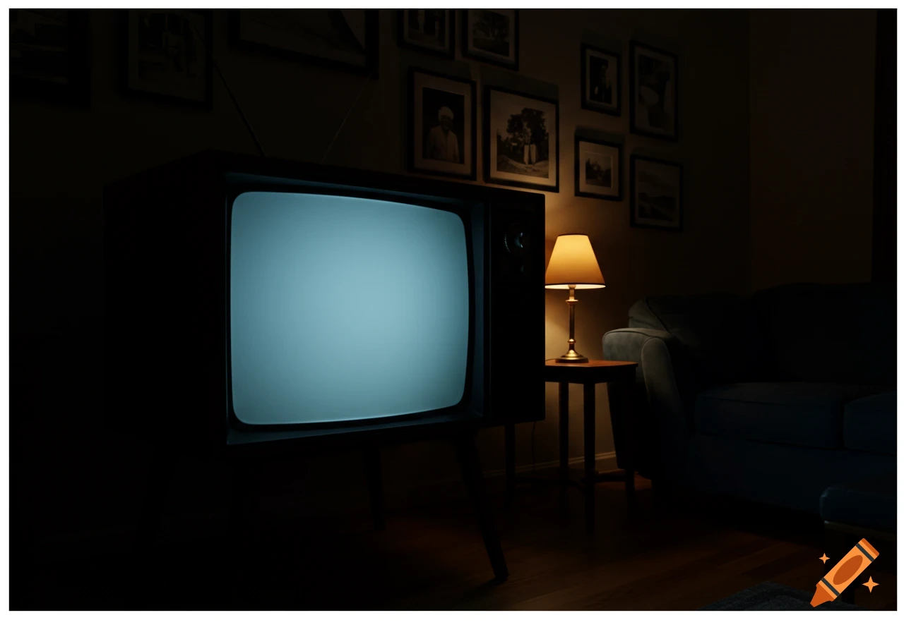 Photorealistic image of a vintage television with a glowing screen in a dark living room at night, with a lamp and couch.