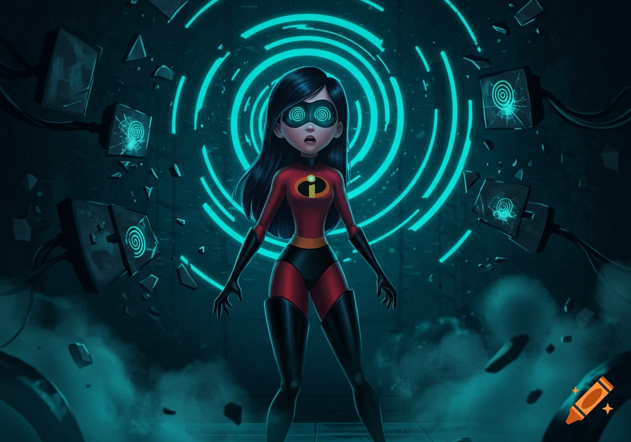Violet from The Incredibles in her red superhero suit, with glowing hypnotic eyes, standing in a dark, tech-filled void with shattered screens and a bright cyan energy vortex behind her.
