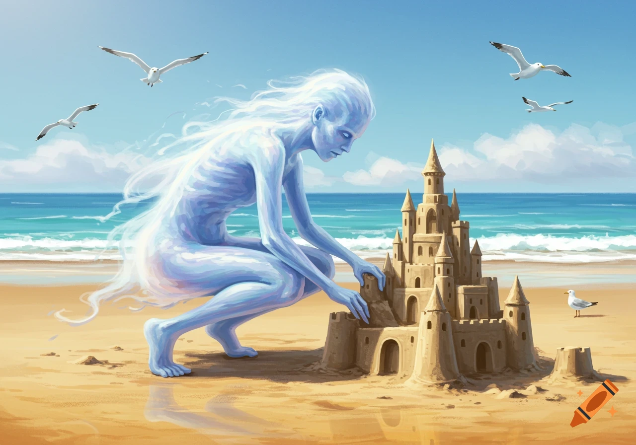 An ethereal, translucent blue ghost-like figure crouches on a sunny beach, building a sandcastle as seagulls fly overhead.