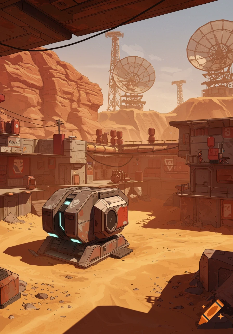 A stylized desert landscape with futuristic modular buildings, large satellite dishes, and a squat grey machine in the foreground, resembling a Valorant map.