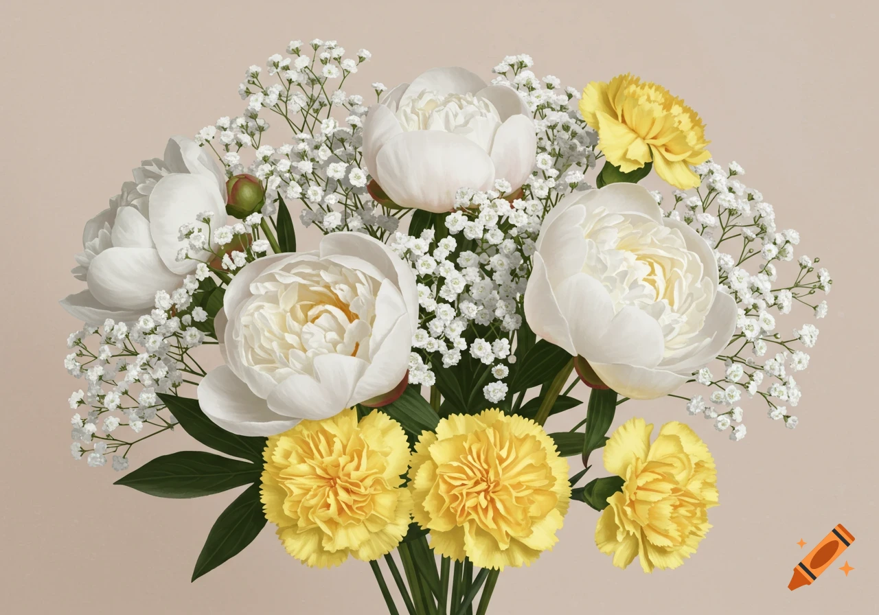 A bouquet of white peonies, yellow carnations, and white baby's breath against a light background.