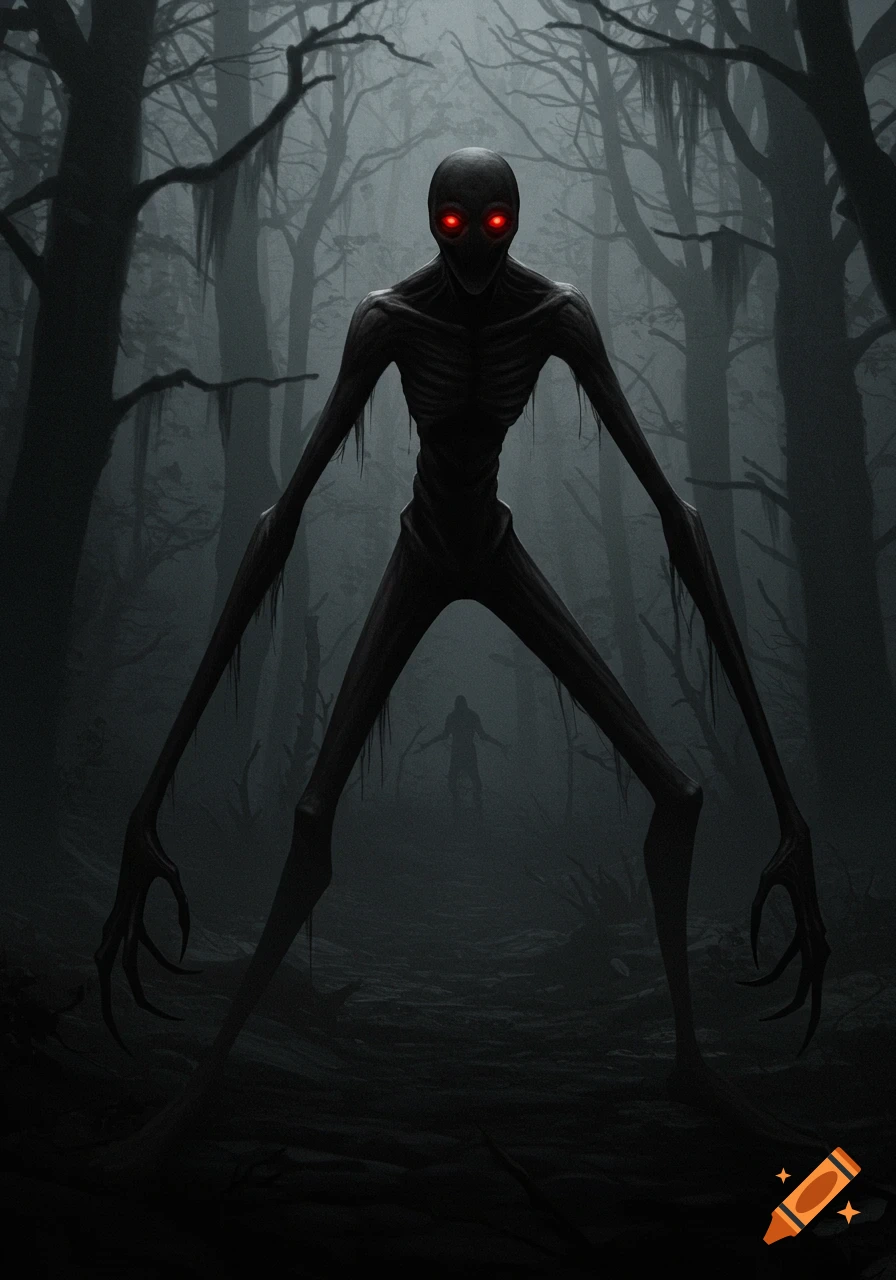 A creepy, slender creature with glowing red eyes stands in a dark, foggy forest.