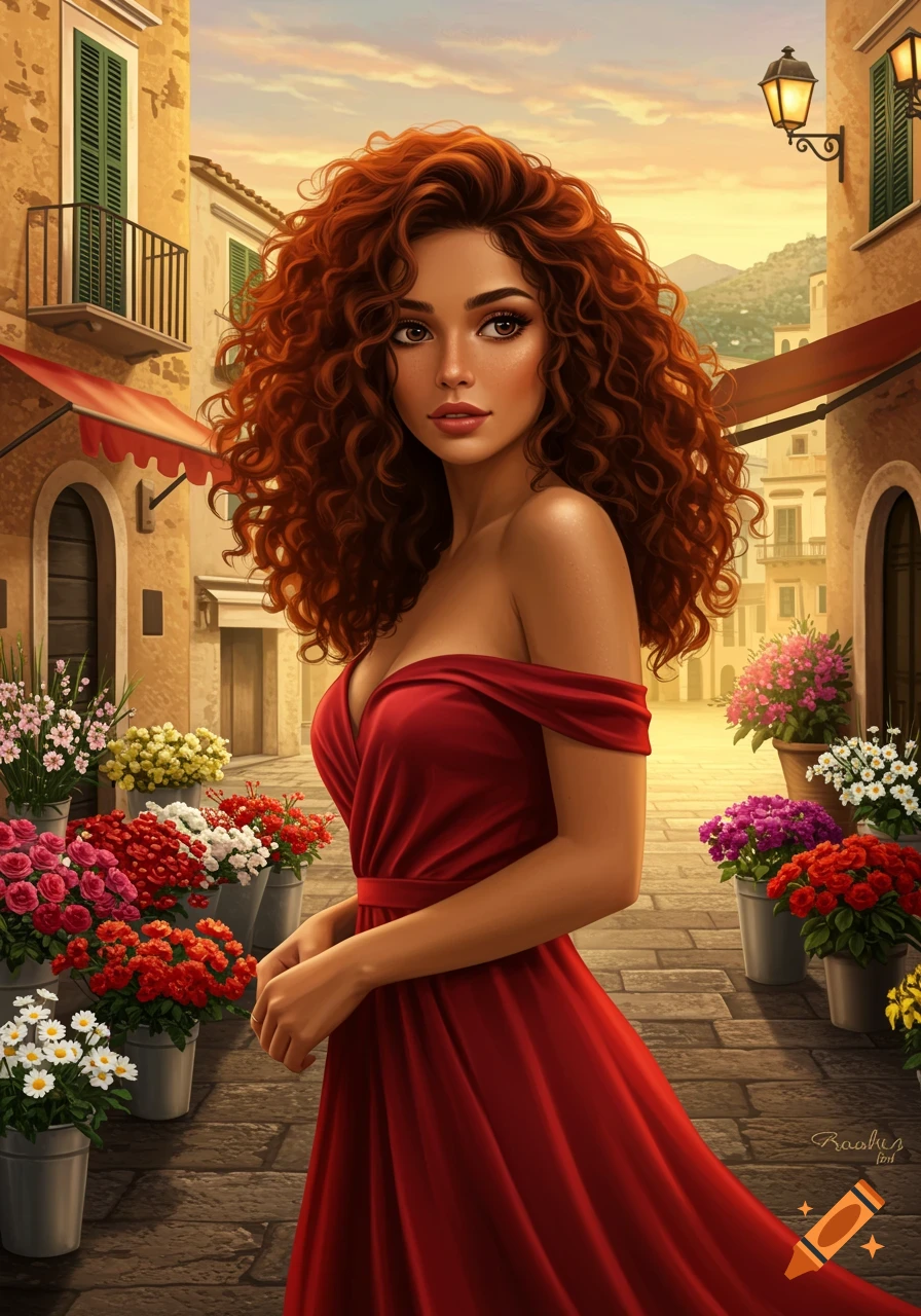 A woman with long, curly red hair in a red dress stands in a vibrant Italian street with flower stalls.