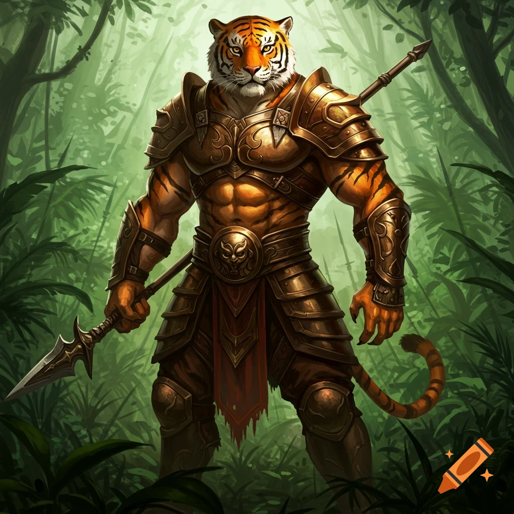 A muscular, anthropomorphic tiger warrior in golden armor stands in a dense jungle, holding a long spear. Fantasy art style.