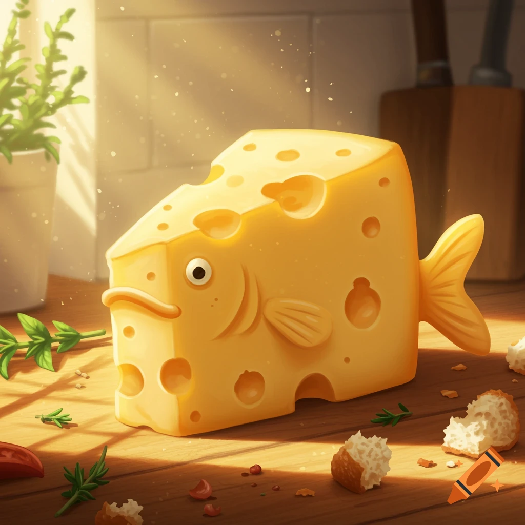 A whimsical block of Swiss cheese shaped like a fish with fins and a tail, sitting on a sunlit wooden counter with crumbs.