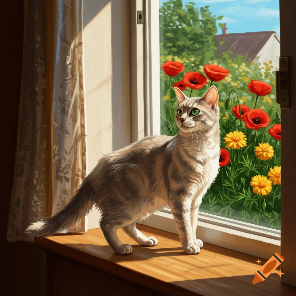 A grey tabby cat stands on a sunlit wooden windowsill looking out at a vibrant garden with red poppies and yellow flowers.