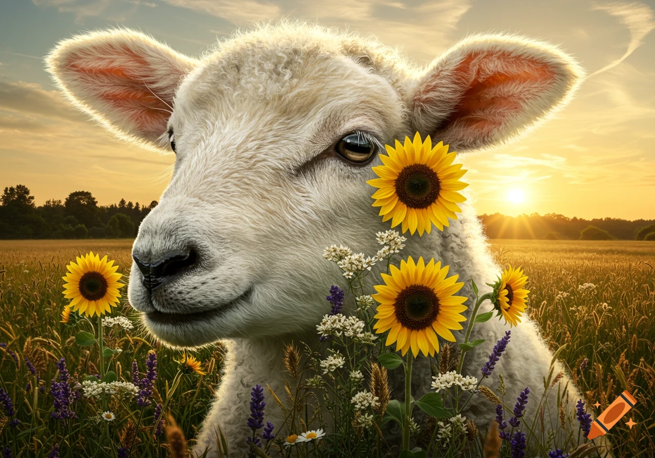 Close-up of a white lamb's face peeking through sunflowers and wildflowers in a golden field at sunset.