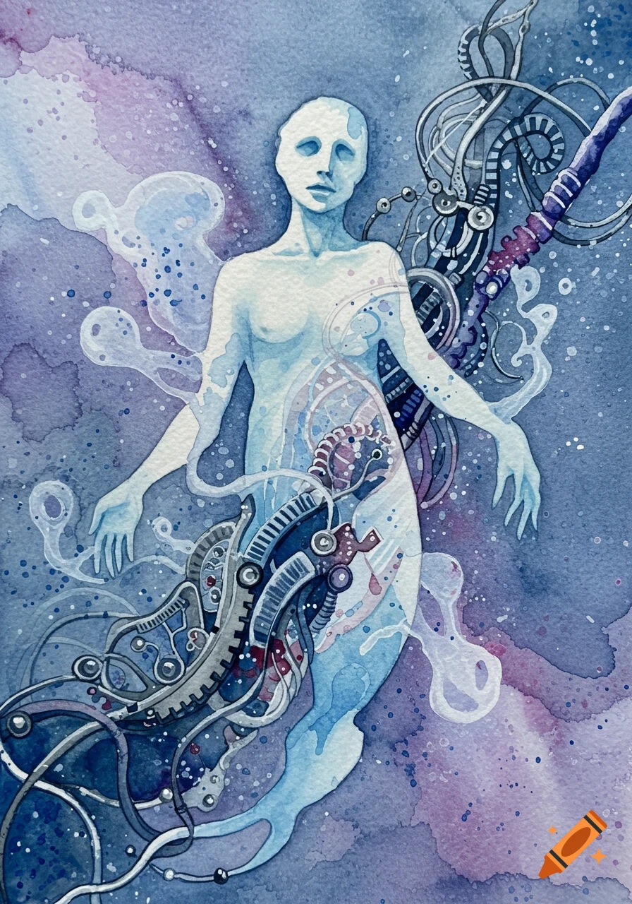 A watercolor painting depicting a pale, ethereal humanoid figure with mechanical parts integrated into its body, set against a swirling blue and purple background.