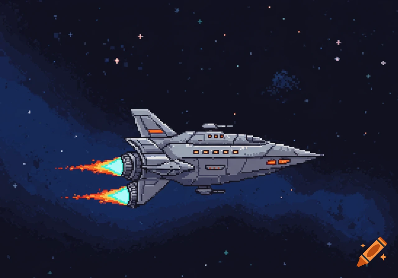 A grey pixel art spaceship flies through dark space with bright orange and blue thruster flames.