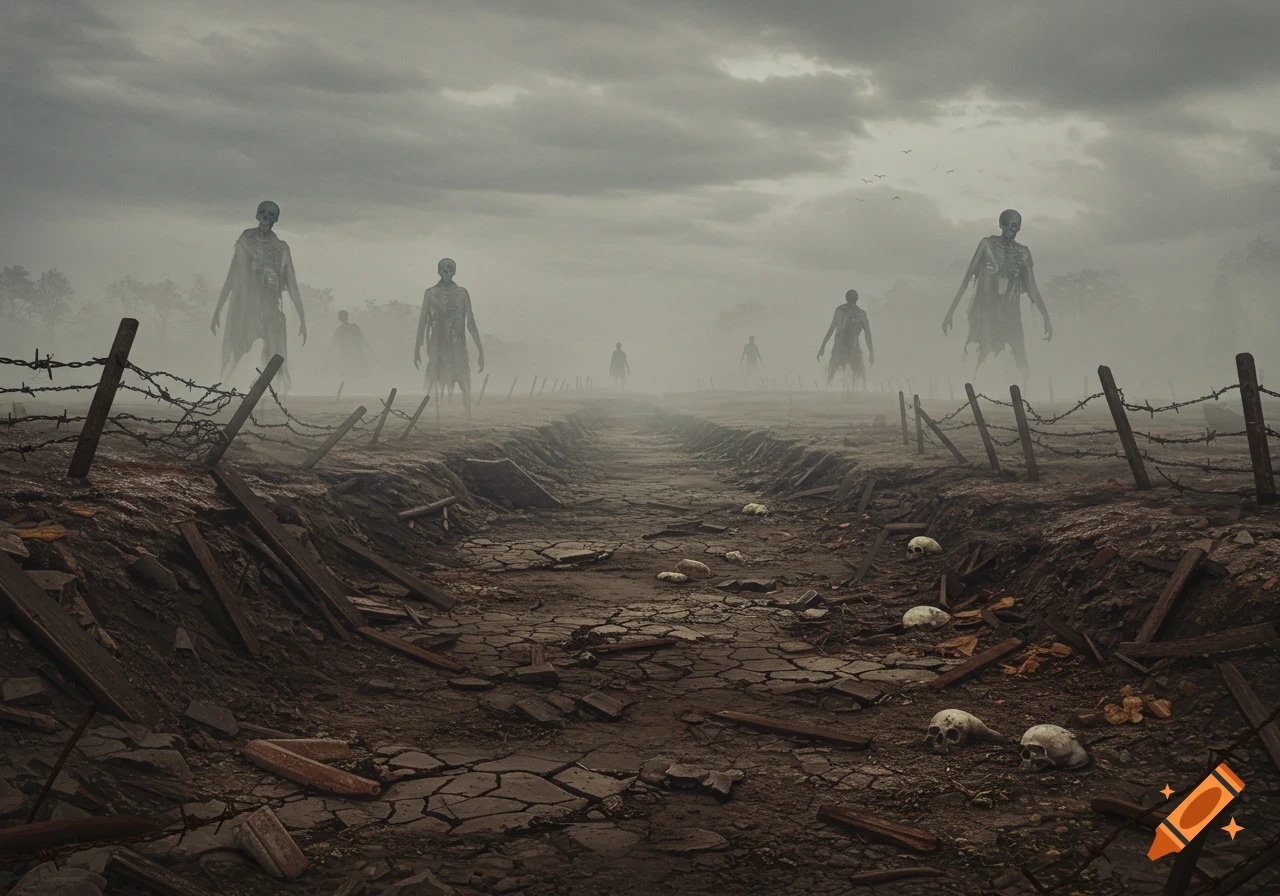 Desolate battlefield with barbed wire and scattered skulls. Ghostly skeletal figures emerge from the fog in the distance under a grey sky.