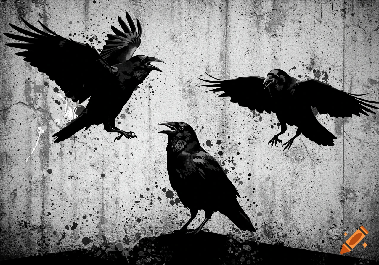 Three black stencil crows caw against a splattered concrete wall background.