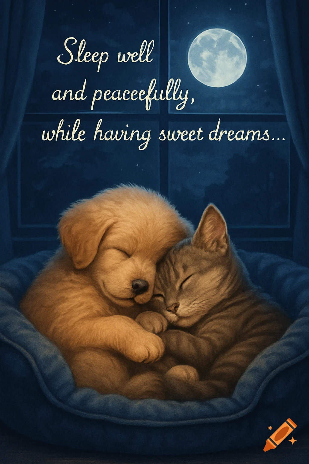Illustrated puppy and tabby cat cuddling asleep in a pet bed by a window with a full moon, text reads 'Sleep well and peacefully, while having sweet dreams...'
