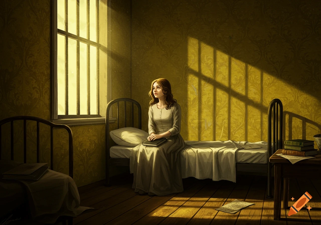 A woman in a long dress sits on a bed in a dimly lit, wallpapered room with barred windows, illuminated by sunlight. Painterly style.