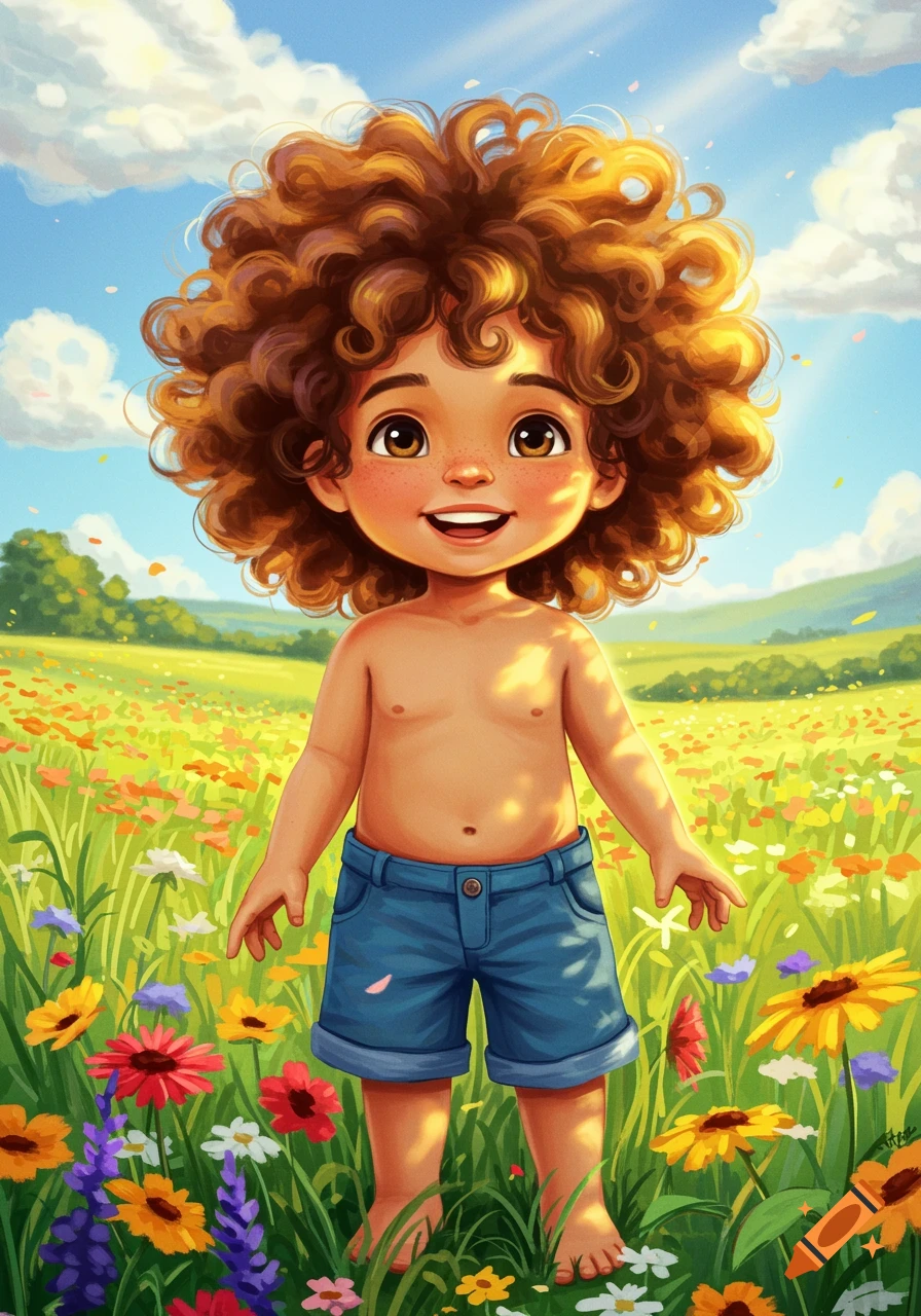 A smiling young boy with curly brown hair and bare chest stands in a vibrant, sunny field of colorful wildflowers, wearing blue shorts, in an illustration.