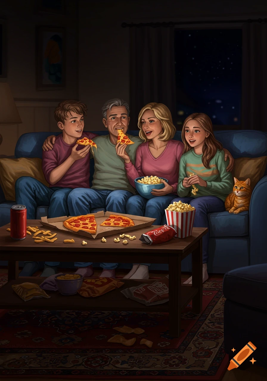 A family of four sitting on a blue couch in a dimly lit living room, eating pizza and popcorn. An orange cat sits on the armrest. Illustrated style.