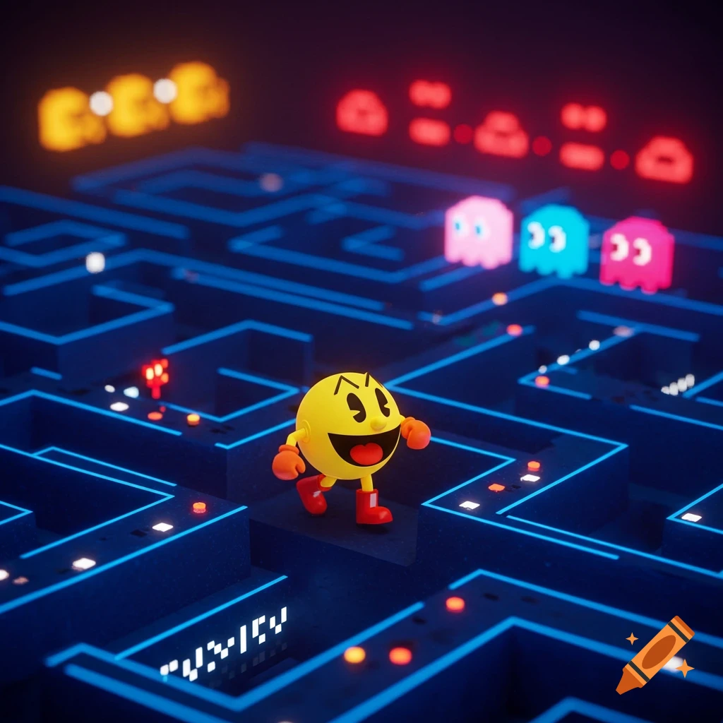 A 3D rendered scene of Pac-Man walking on a dark blue maze with neon blue lines, pursued by three colorful ghosts. Pixelated scores are visible in the background.