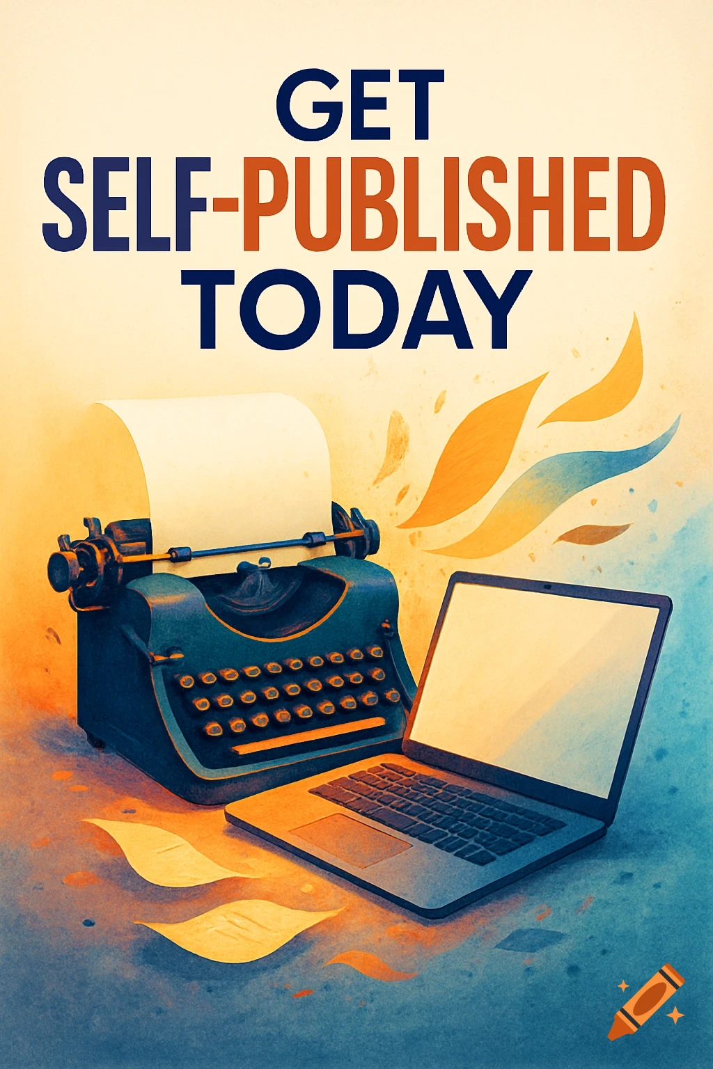 A vibrant illustration featuring a vintage typewriter, a modern laptop, and the text GET SELF-PUBLISHED TODAY, set against a warm and cool watercolor background.