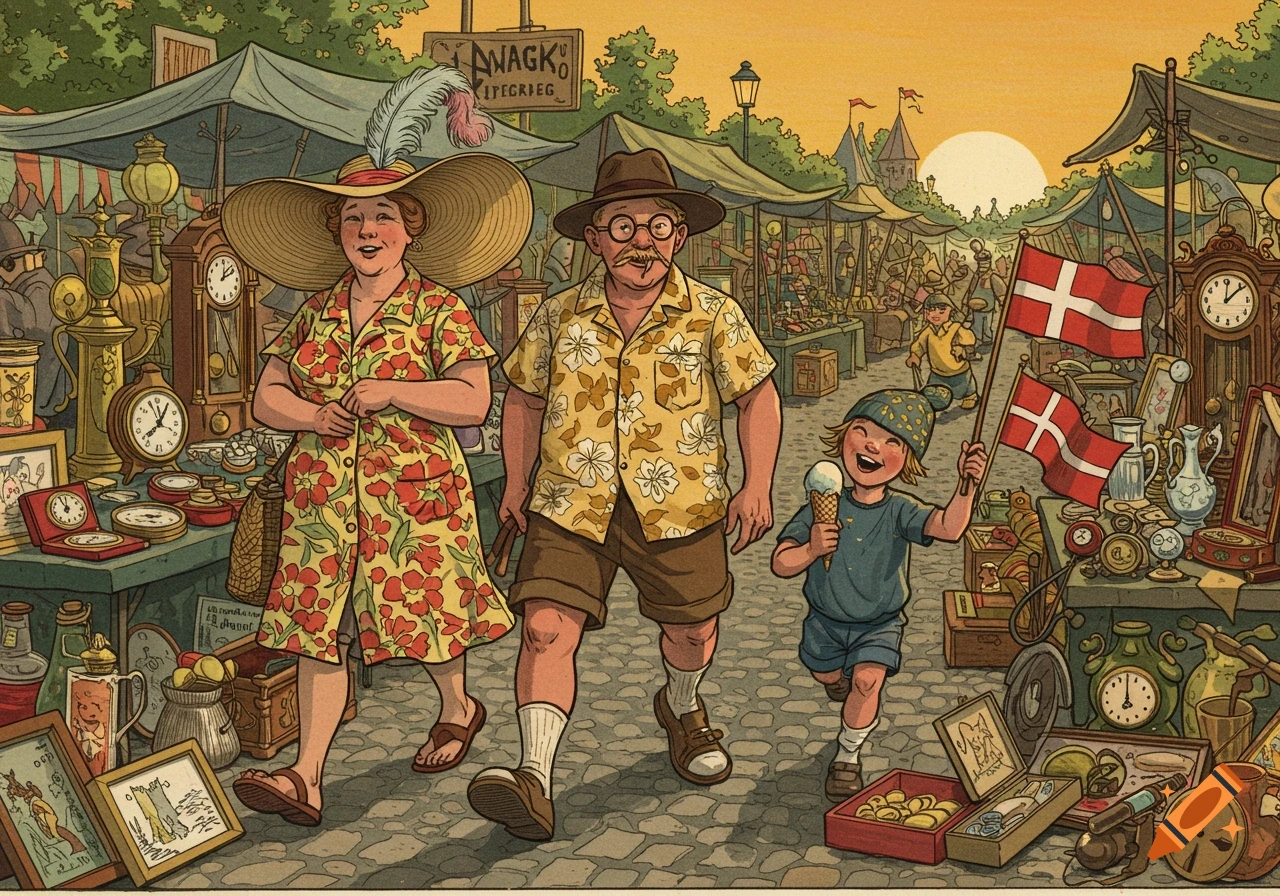 A family walks through a bustling flea market: a mother in a flowered dress, a father in a Hawaiian shirt, and a child with an ice cream and a Danish flag. Vintage illustration style.