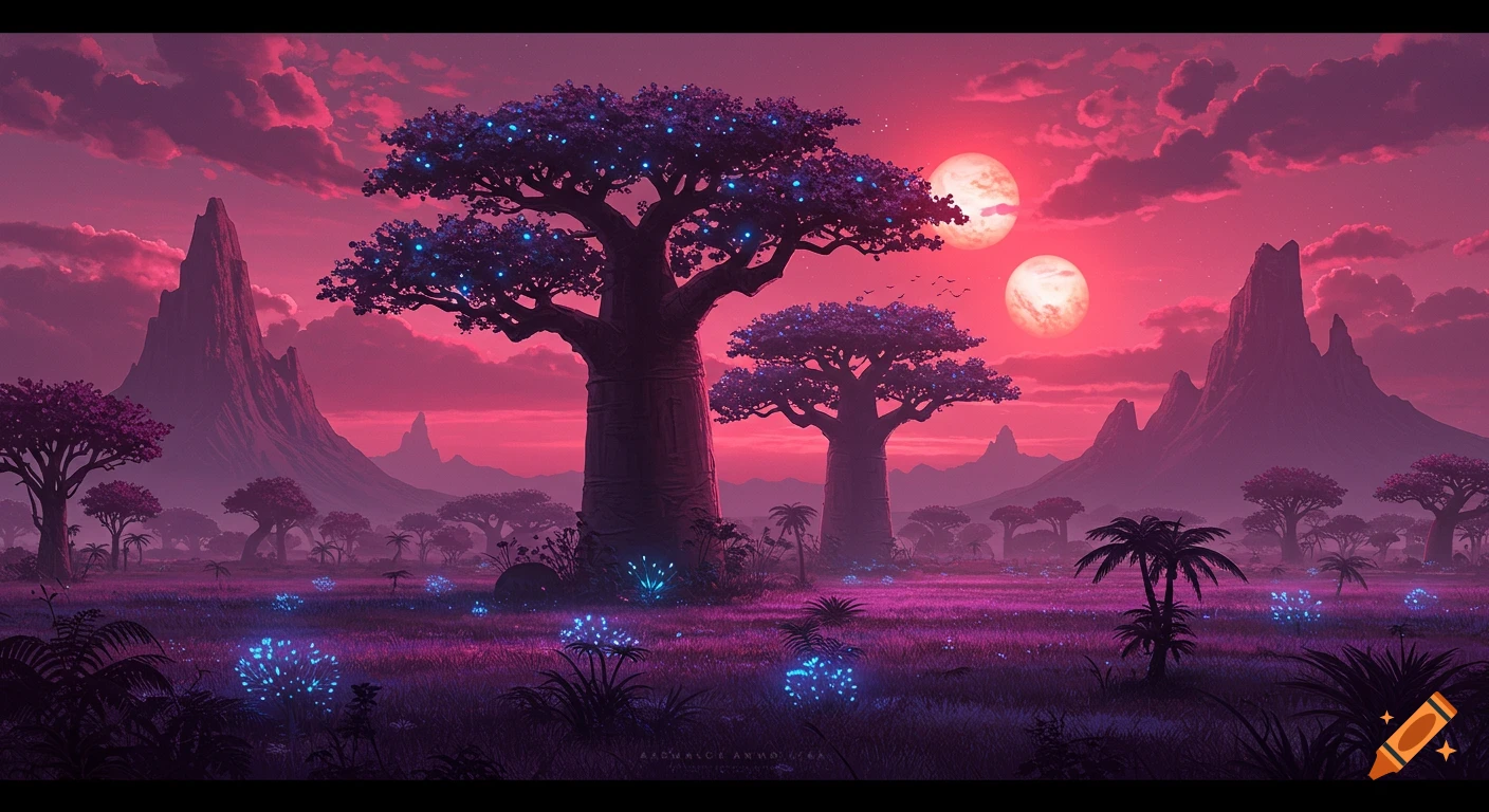 An alien landscape with purple plants, glowing blue baobab trees, and mountains under a pink sky with two red moons.