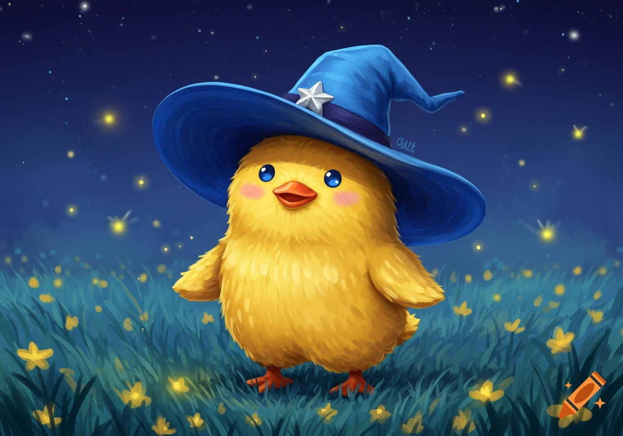 A fluffy yellow chick with blue eyes and pink cheeks wears a blue wizard hat with a star, standing in a grassy field at night with fireflies and stars.