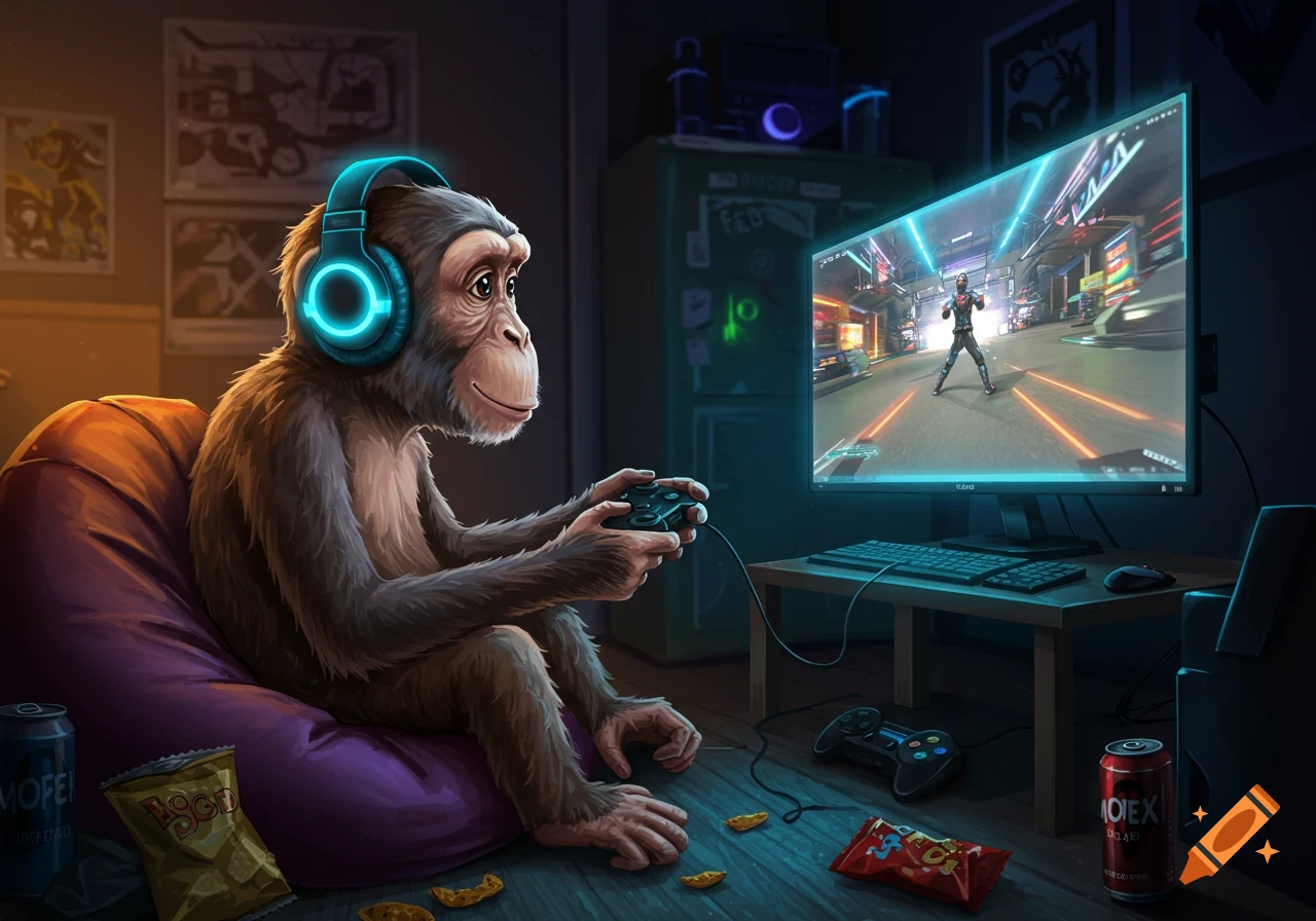 A chimpanzee wearing glowing blue headphones plays a video game on a monitor in a dimly lit room, with snacks and drinks nearby. Digital art style.