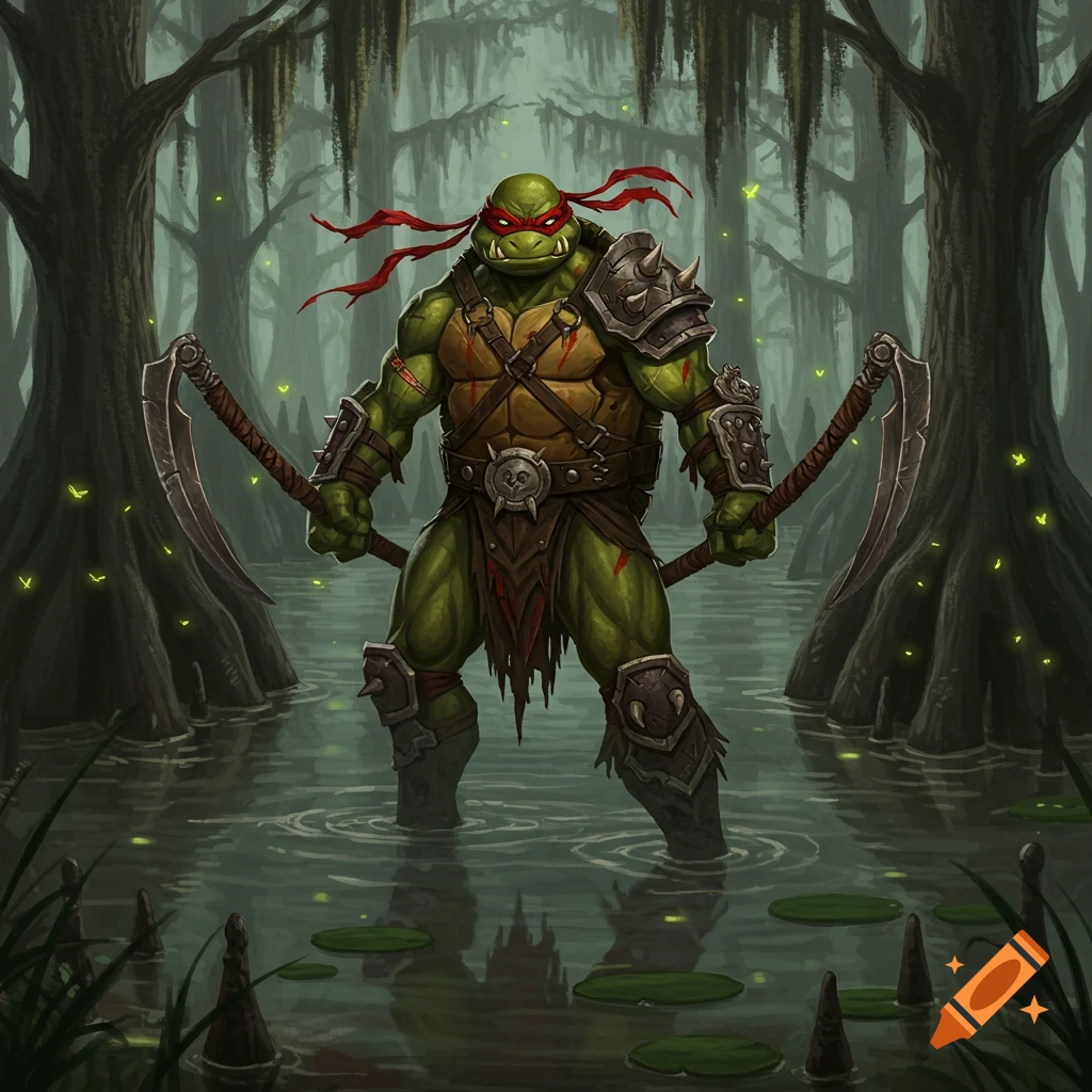 A muscular, orc-like Raphael from Teenage Mutant Ninja Turtles stands in a dark, misty swamp holding two large scythes.