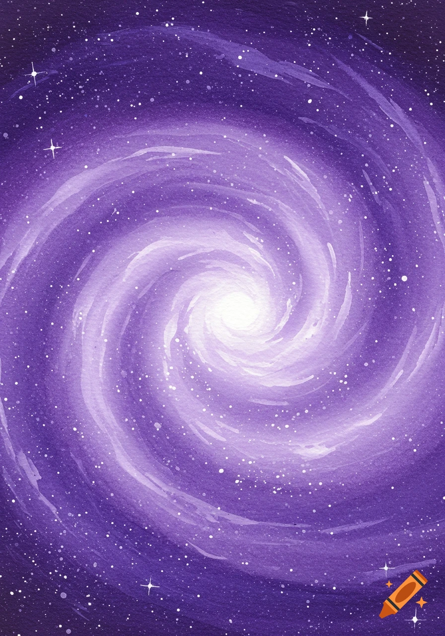 A vibrant watercolor painting of a swirling purple galaxy with a bright center and scattered stars.