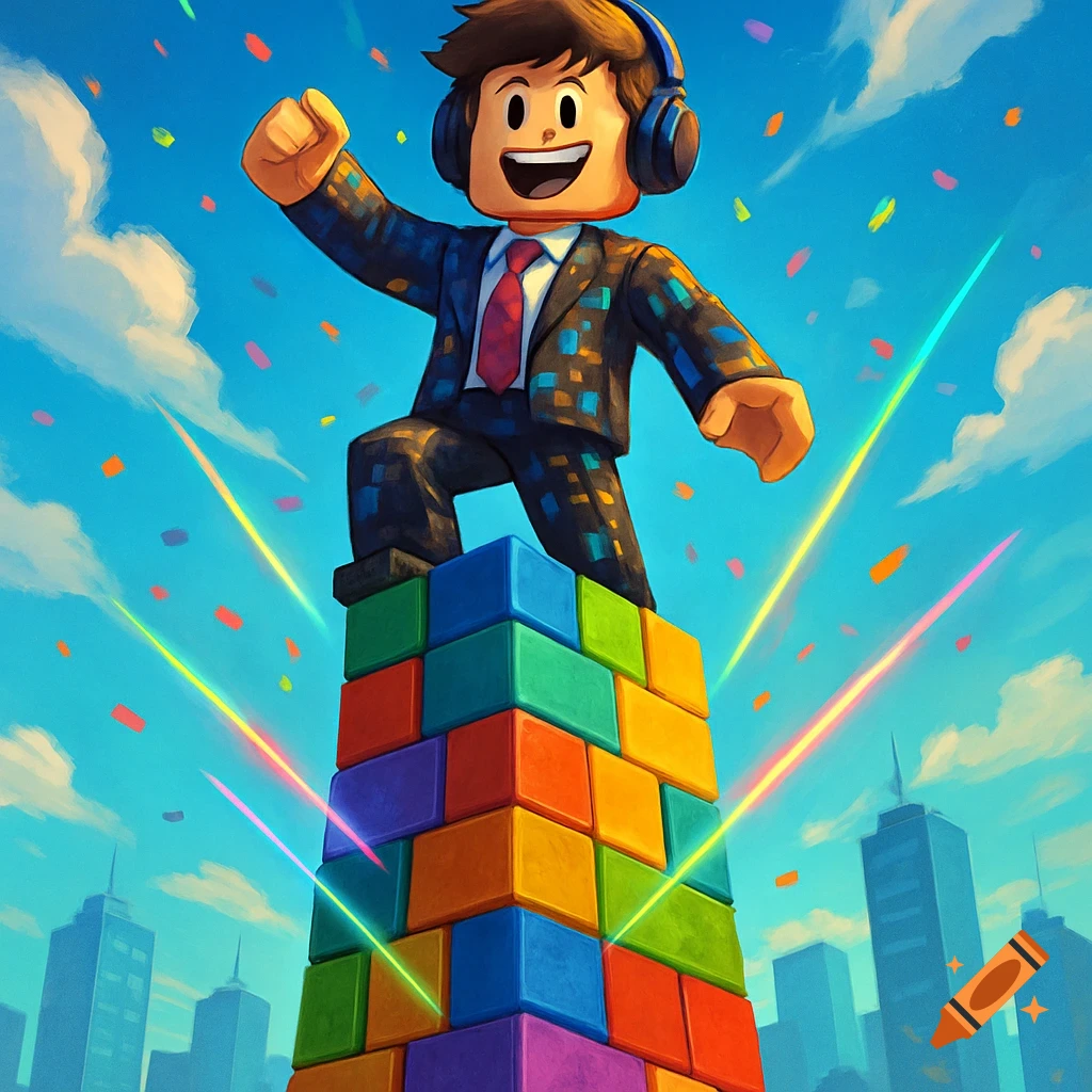 A happy, cartoonish character resembling a Roblox avatar, wearing headphones and a suit, triumphantly stands atop a colorful block tower, with confetti and rainbows against a city skyline.