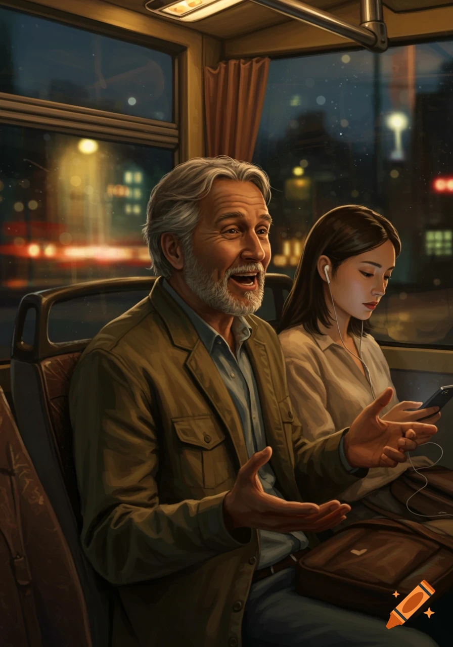 Illustrated man talks to a woman looking at her phone on a bus at night.