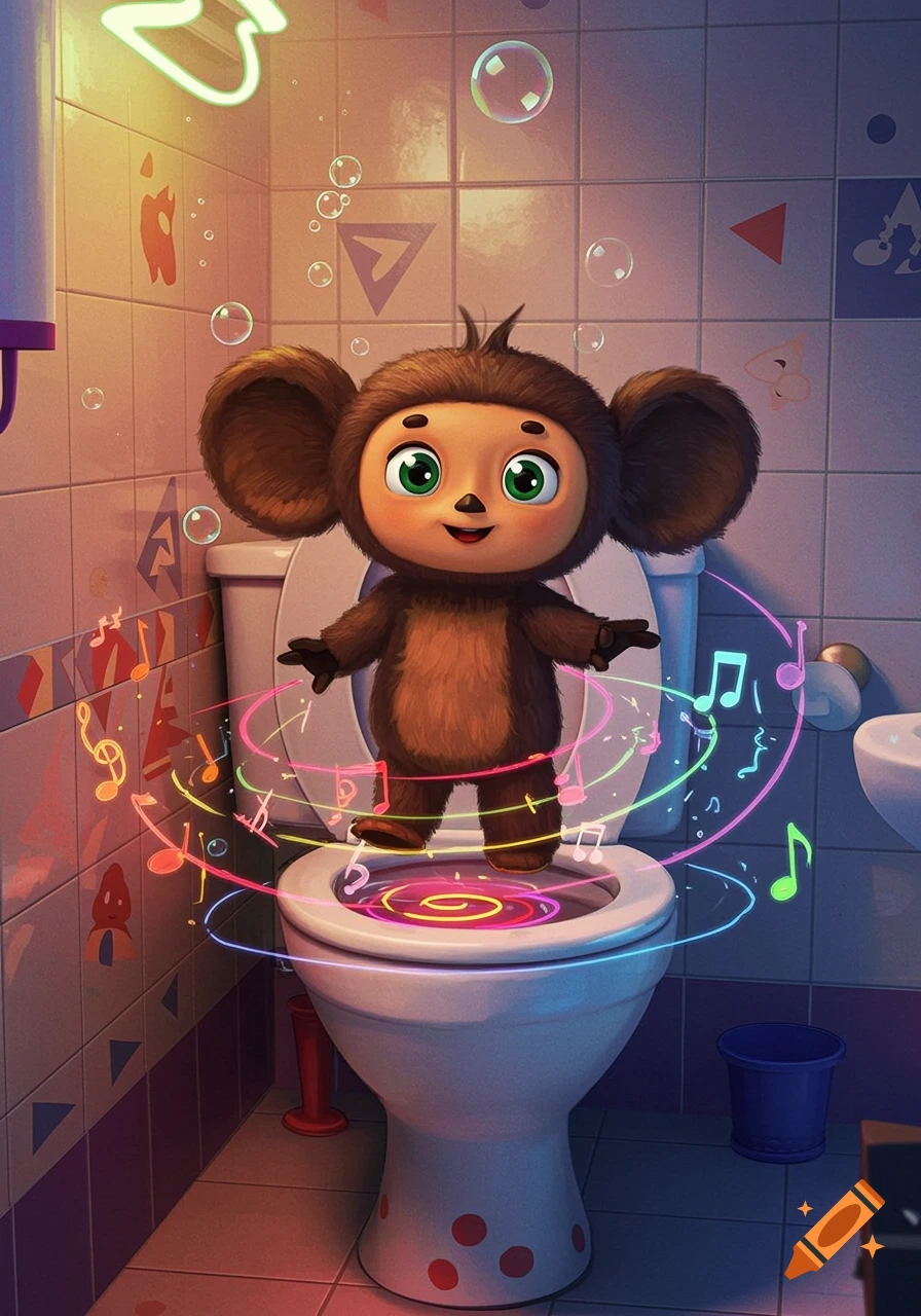 A cute brown Cheburashka character stands on a toilet, surrounded by glowing musical notes and bubbles in a vibrant bathroom.