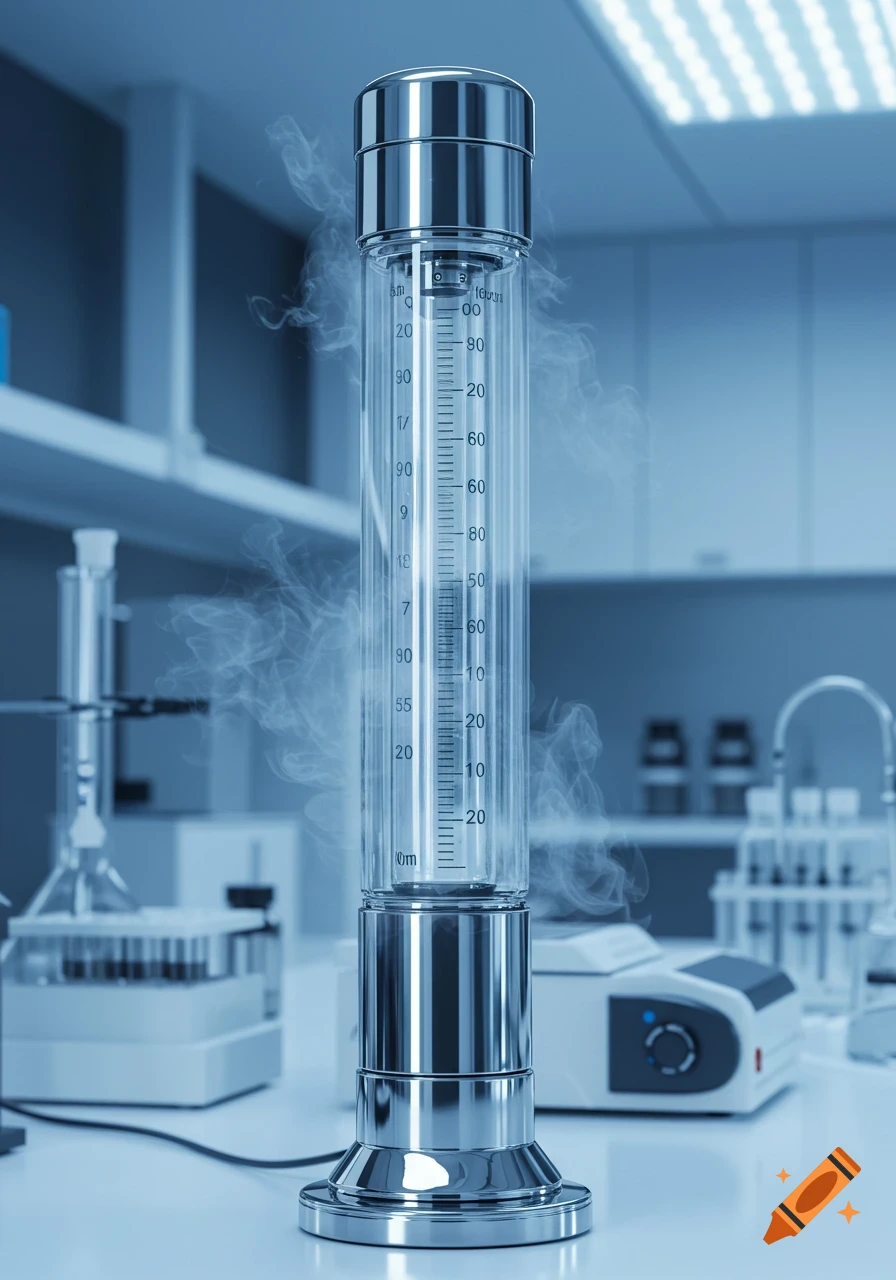 A tall, slender glass and metal scientific instrument, possibly a reagent reservoir, releasing vapor in a laboratory setting. Photorealistic.