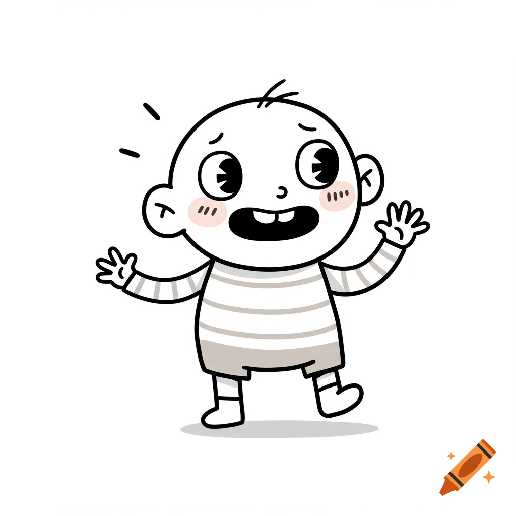 A simple, black-and-white line drawing cartoon of a baby character with rosy cheeks, big eyes, two front teeth, and striped clothes, waving its hands.