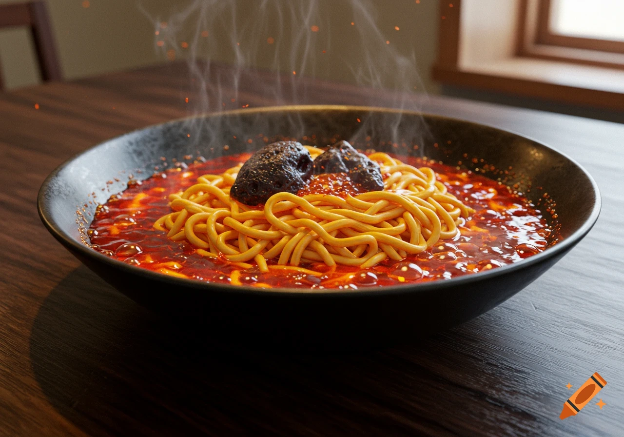 Photorealistic close-up of hot noodles in a black bowl with bubbling red chili sauce, dark toppings, and steam.