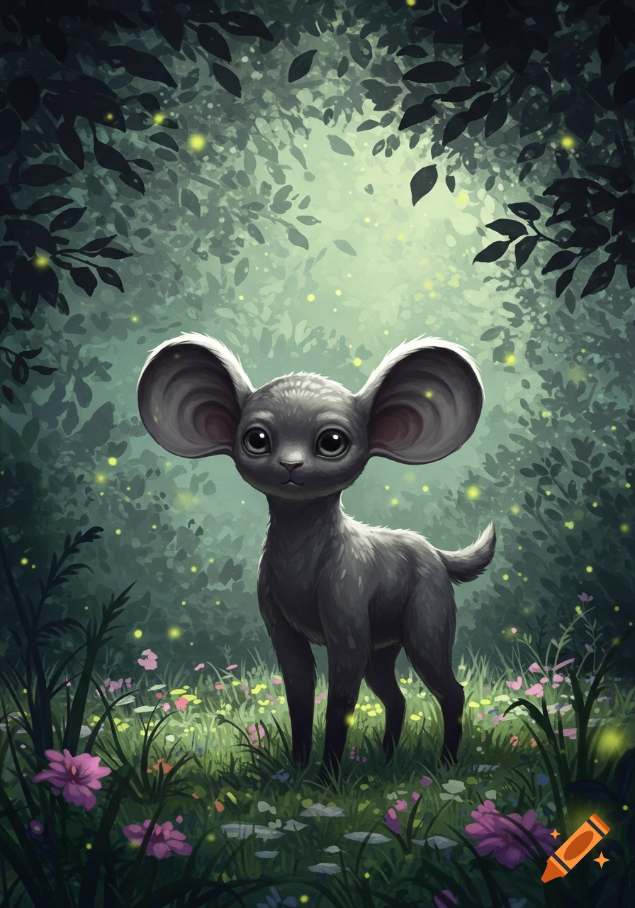 A cute, grey, big-eared creature with large eyes stands in an enchanted forest with glowing lights and colorful flowers, in an illustration style.