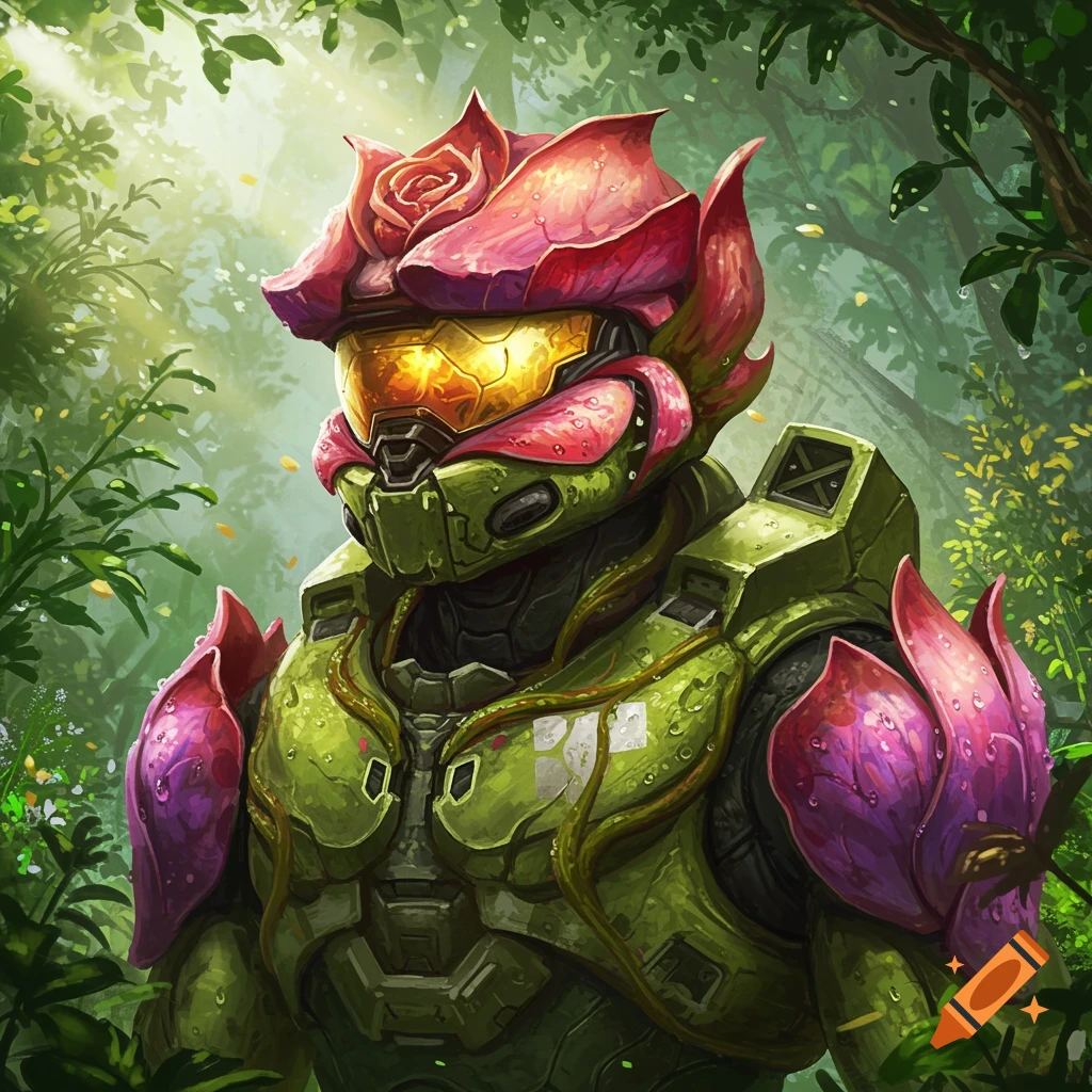 Master Chief in green armor adorned with pink and purple flowers in a lush forest, digital art.