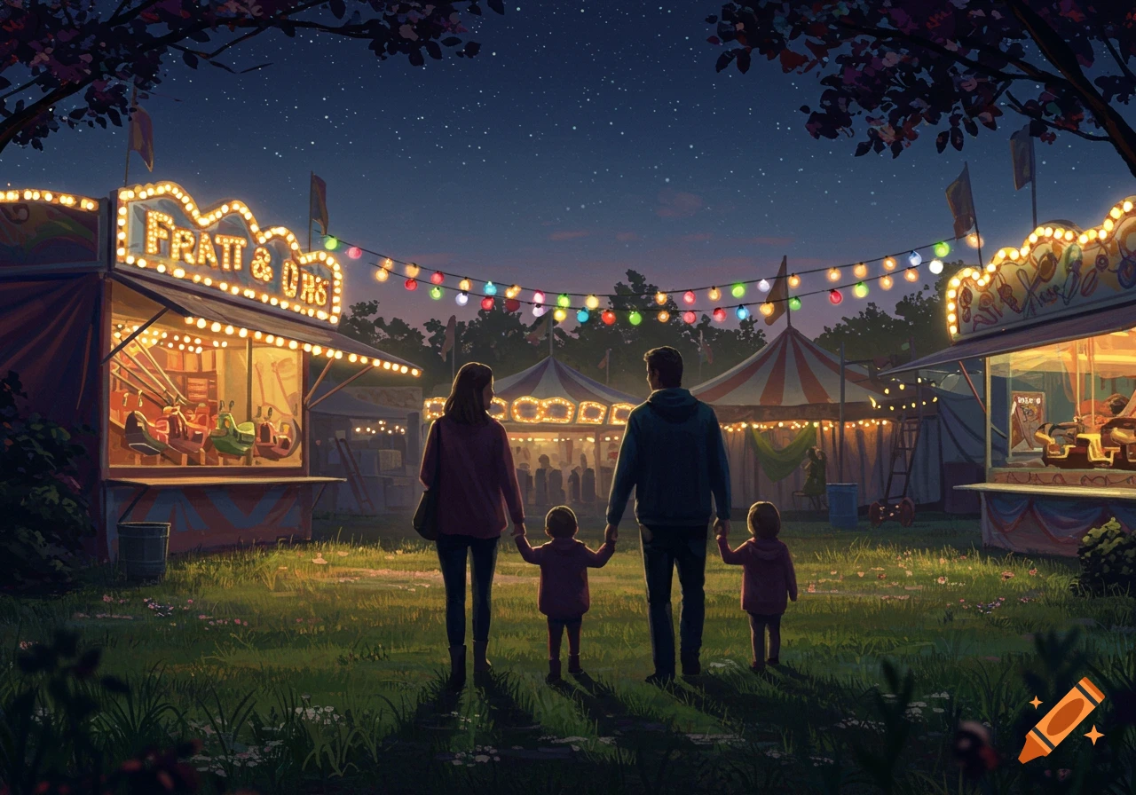A family walks away from a brightly lit carnival at night, holding hands under a starry sky.