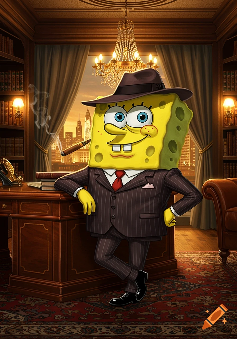 Spongebob Squarepants dressed as a mob boss in a pinstripe suit and fedora, smoking a cigar in a lavish office.