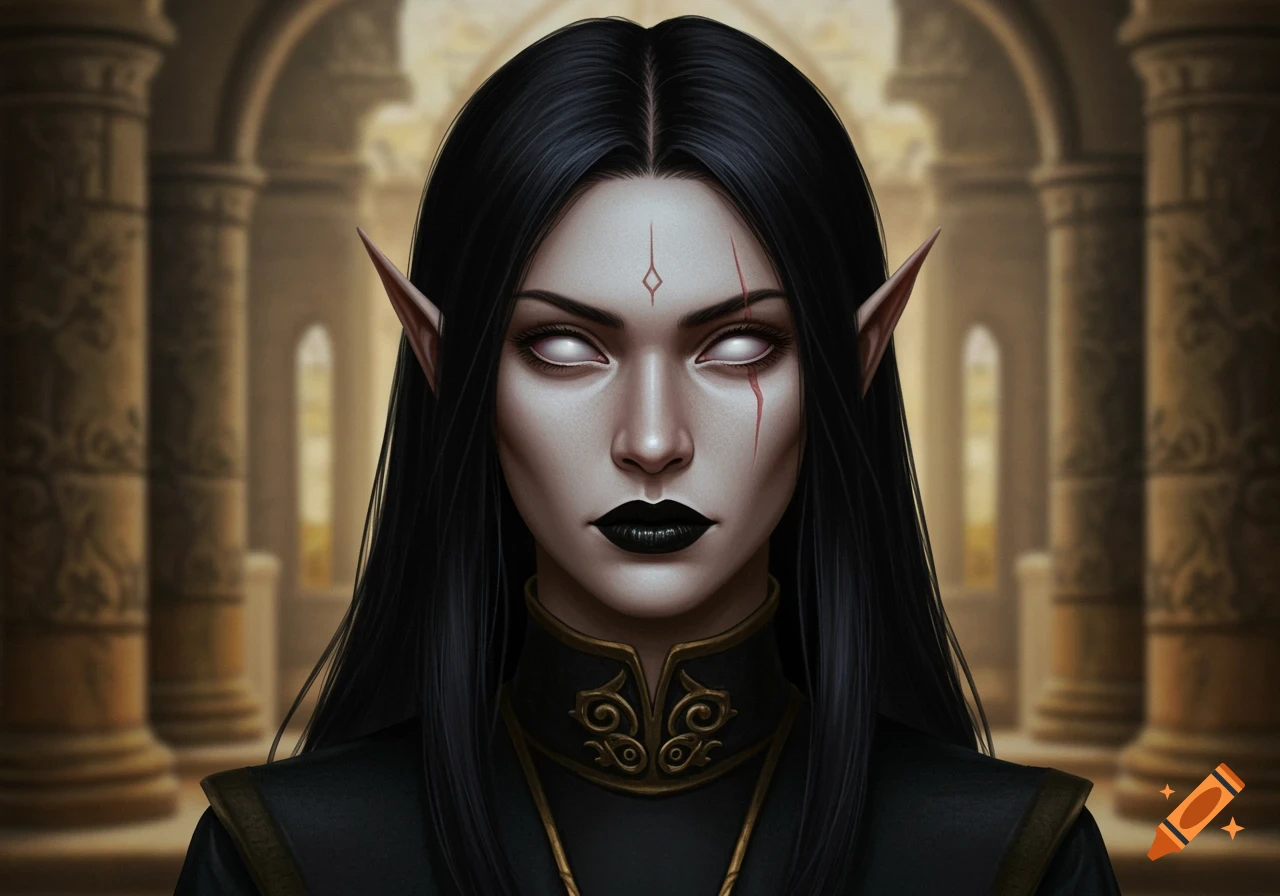 A dark fantasy character with pale skin, white eyes, black hair, pointed ears, and a scar, wearing dark ornate clothing in a stone hall.