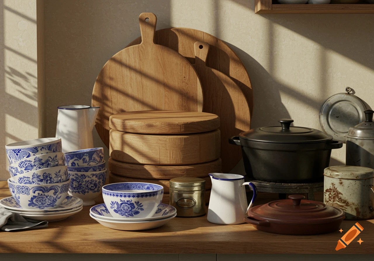 A rustic kitchen still life with stacked wooden cutting boards, blue and white ceramic dishes, a cast iron pot, and tinware on a wooden counter.