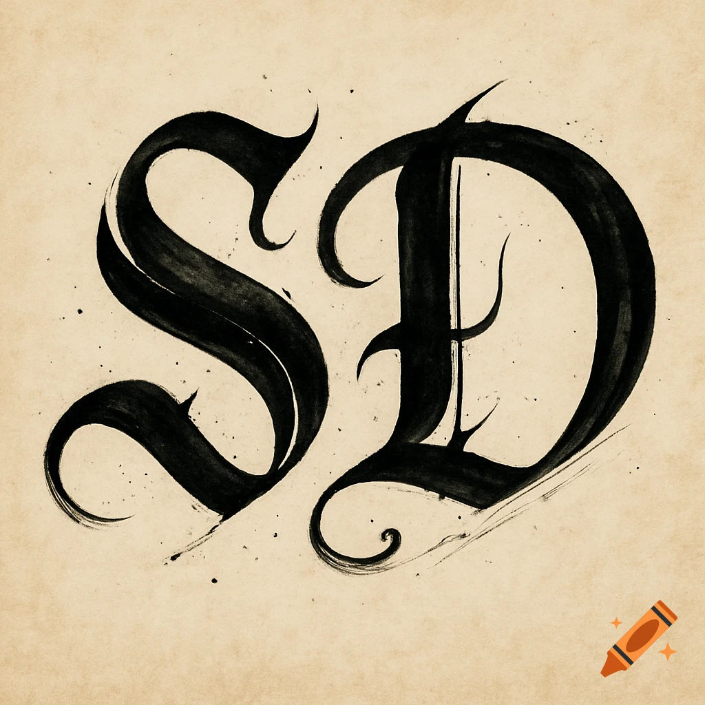 Black inked calligraphy of the capital letters 'S' and 'D' on a textured light brown background.