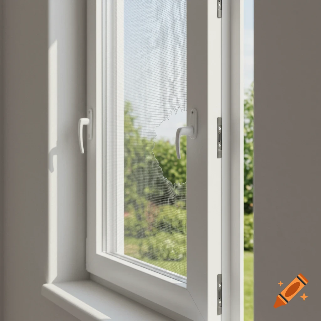 A photorealistic image of a white casement window with a ripped screen, looking out into a green garden.