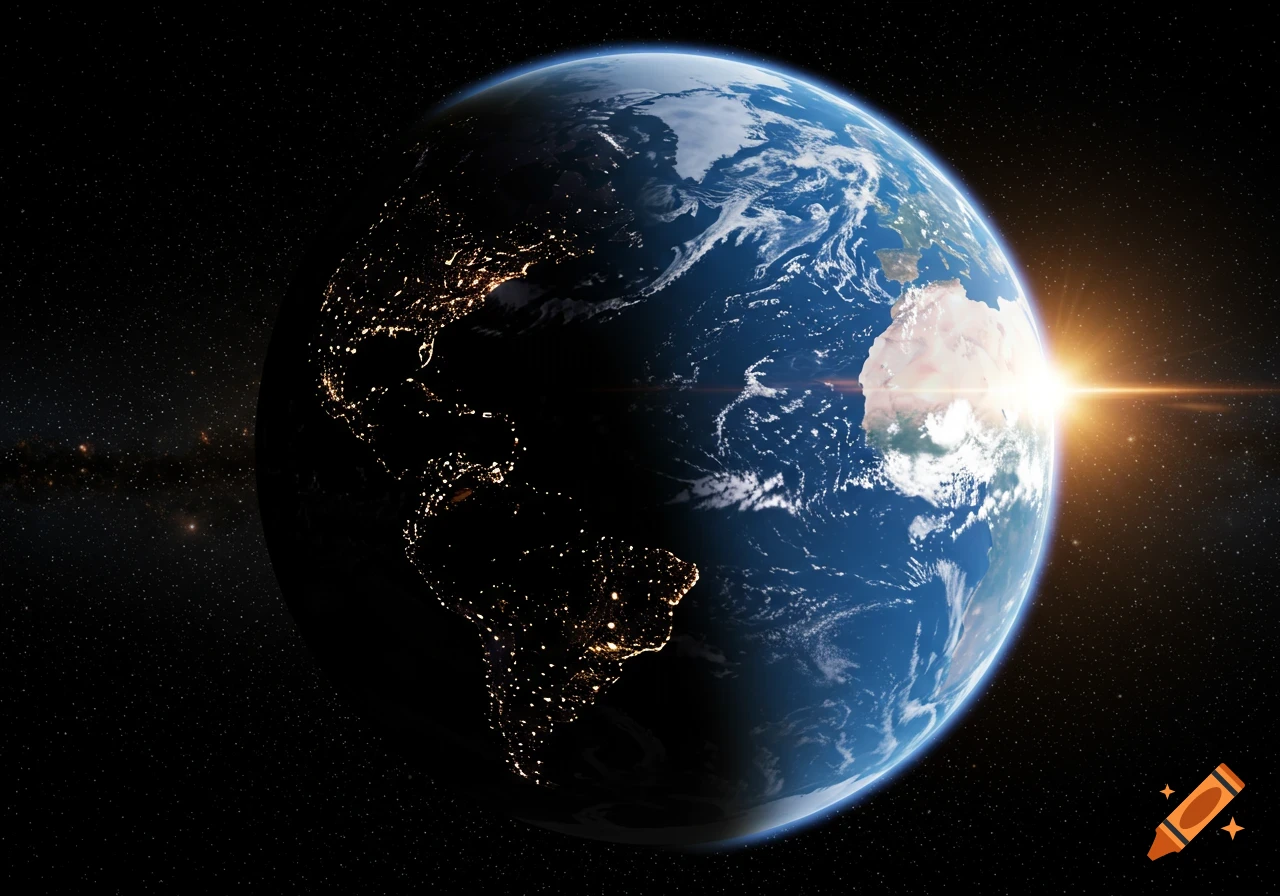 Photorealistic view of Earth from space, with sunrise illuminating part of the planet and city lights visible on the night side.