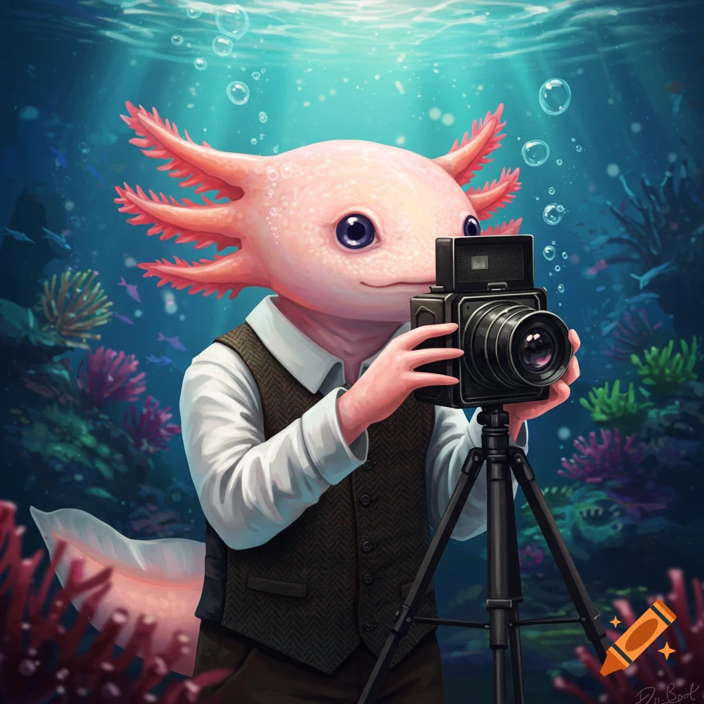 An anthropomorphic axolotl in a vest and shirt holding a camera on a tripod underwater, surrounded by coral and bubbles.