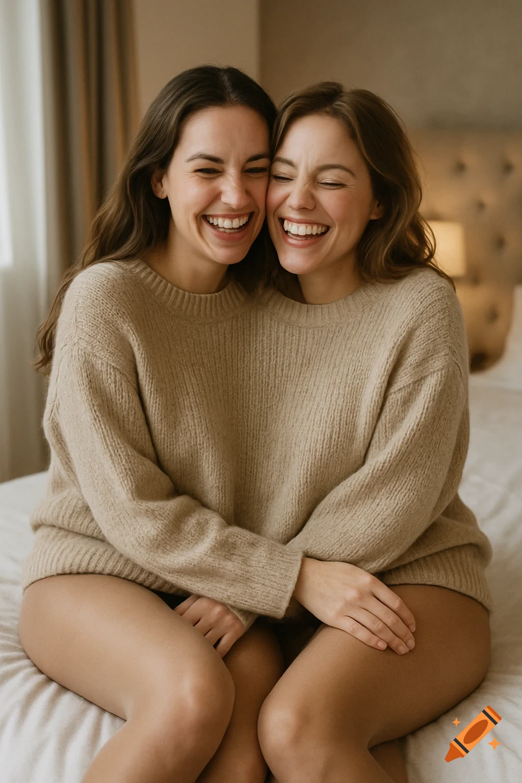 Two women best friends laughing and hugging on a bed, sharing a single beige sweater, with tangled legs, in a warm indoor setting.