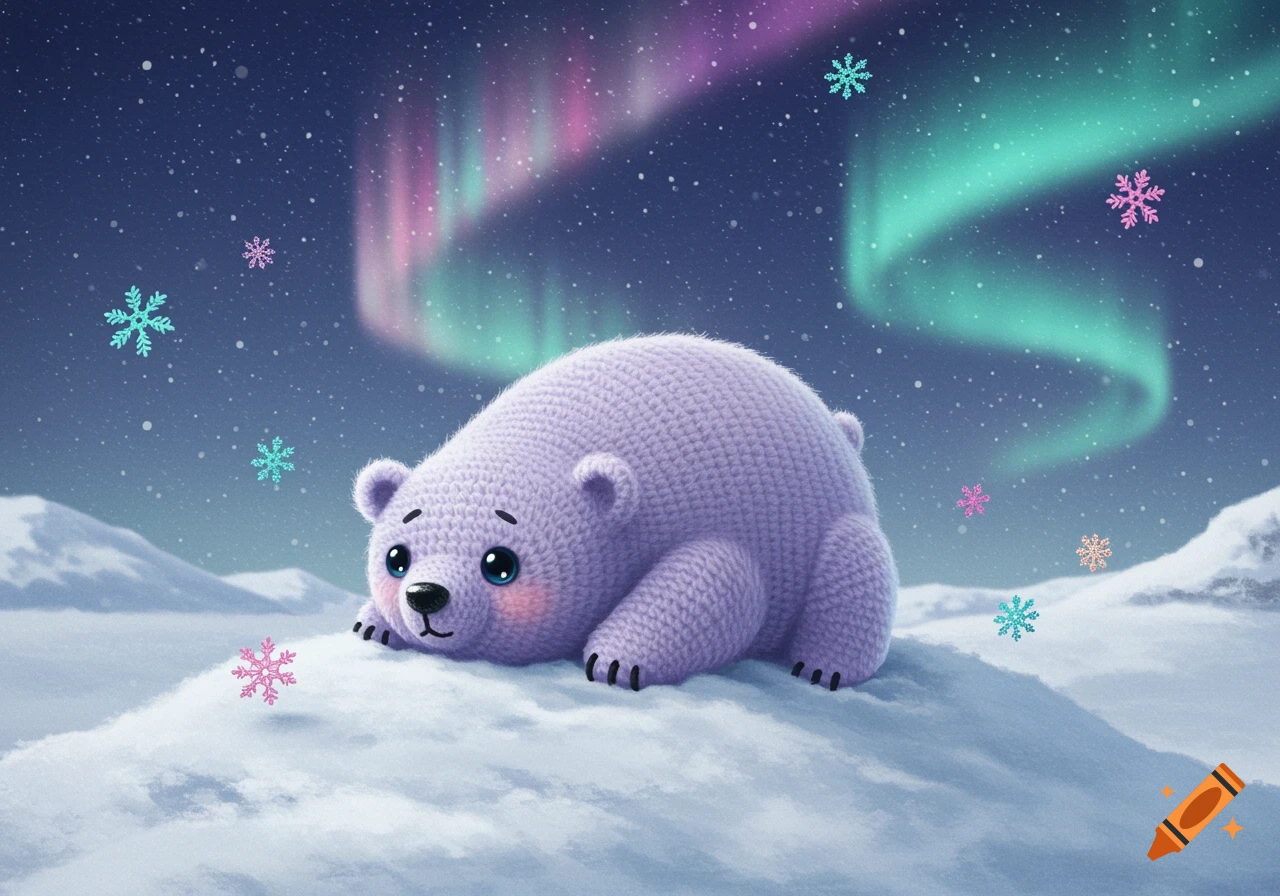A cute purple crochet polar bear lies on a snowy hill under a night sky with aurora borealis and colorful snowflakes.