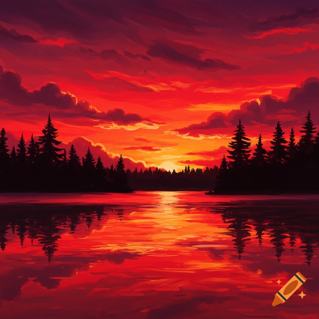 Vibrant red and orange sunset over a lake with silhouetted trees reflected in the water, digital painting style.