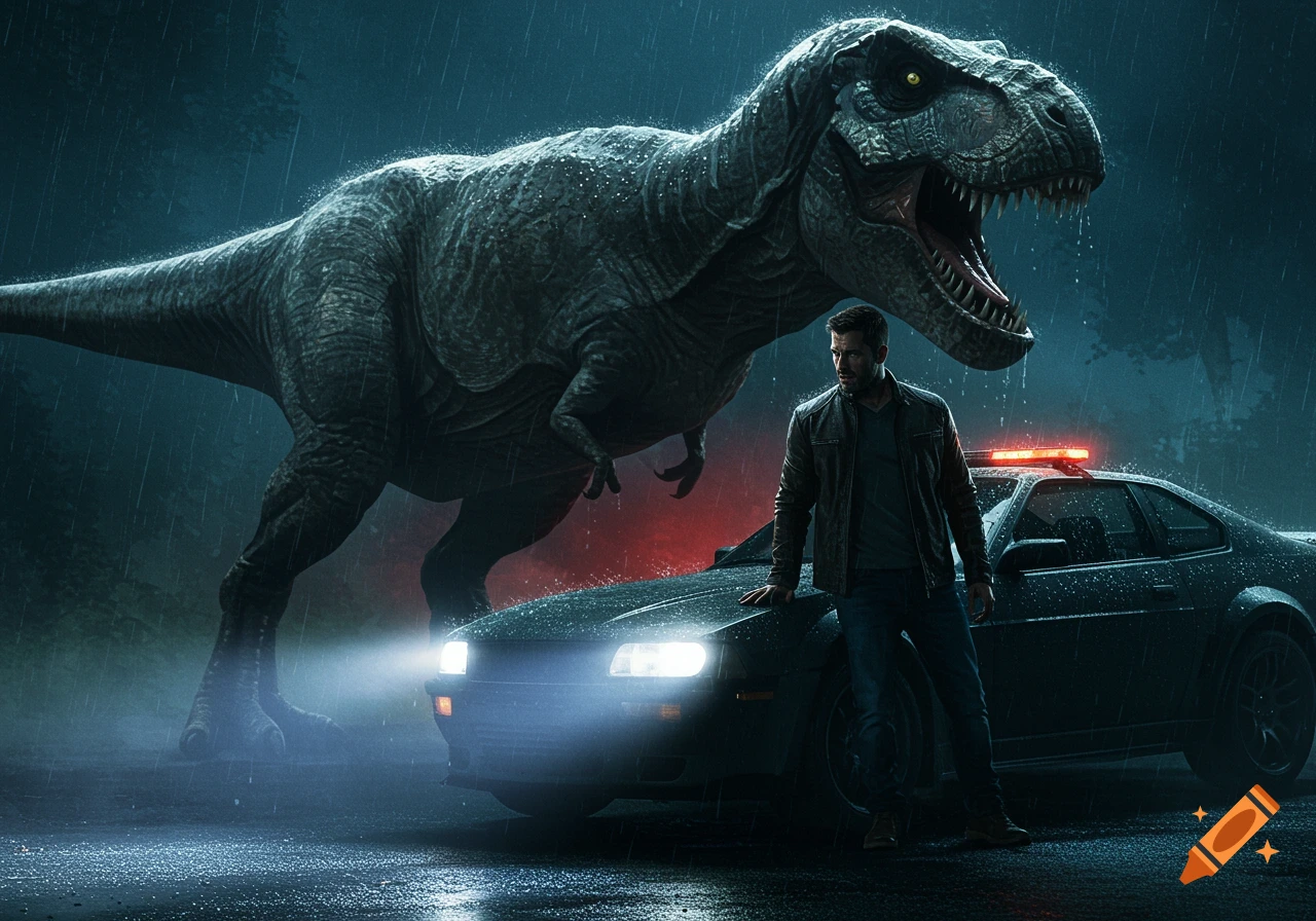 A man leans on a police car in the rain with a large T-Rex in the background.