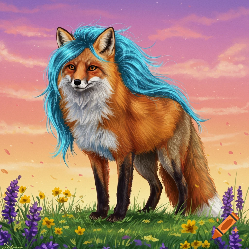 A stylized fox with flowing blue hair stands in a field of flowers under a vibrant pink and orange sunset sky.