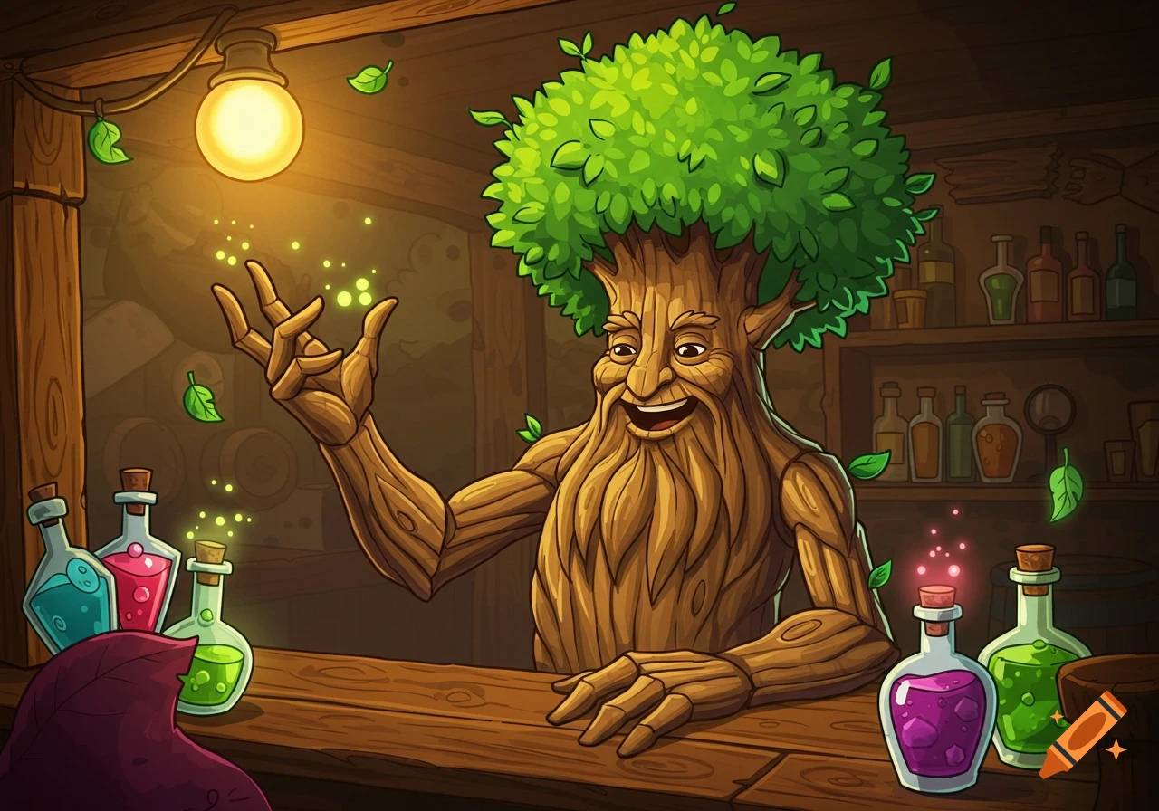 A smiling tree creature with leafy hair, serving as a bartender, stands behind a wooden counter with glowing potions in a cartoon style.