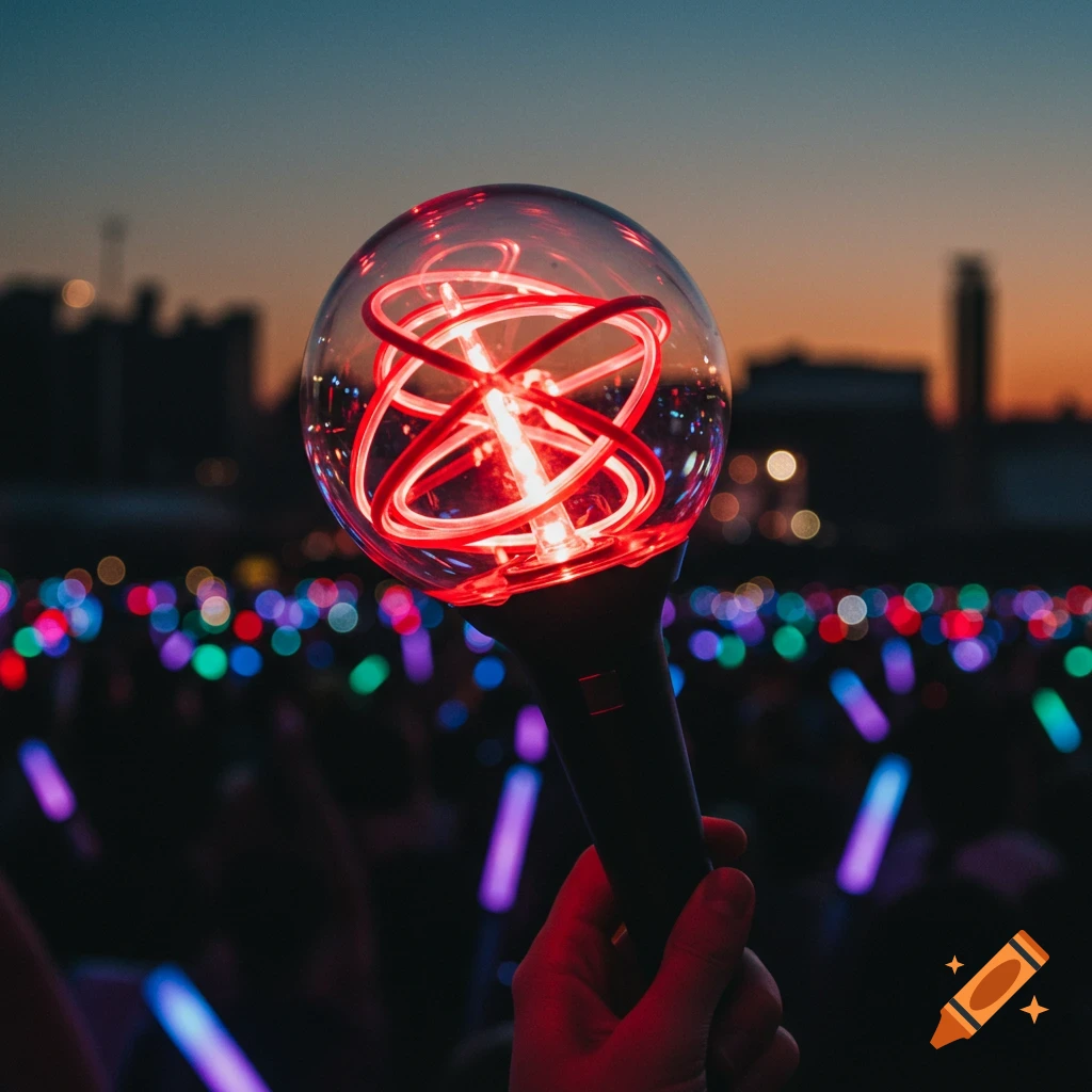 A person holds a red glowing light stick at a concert, surrounded by colorful lights in the bokeh background at dusk.